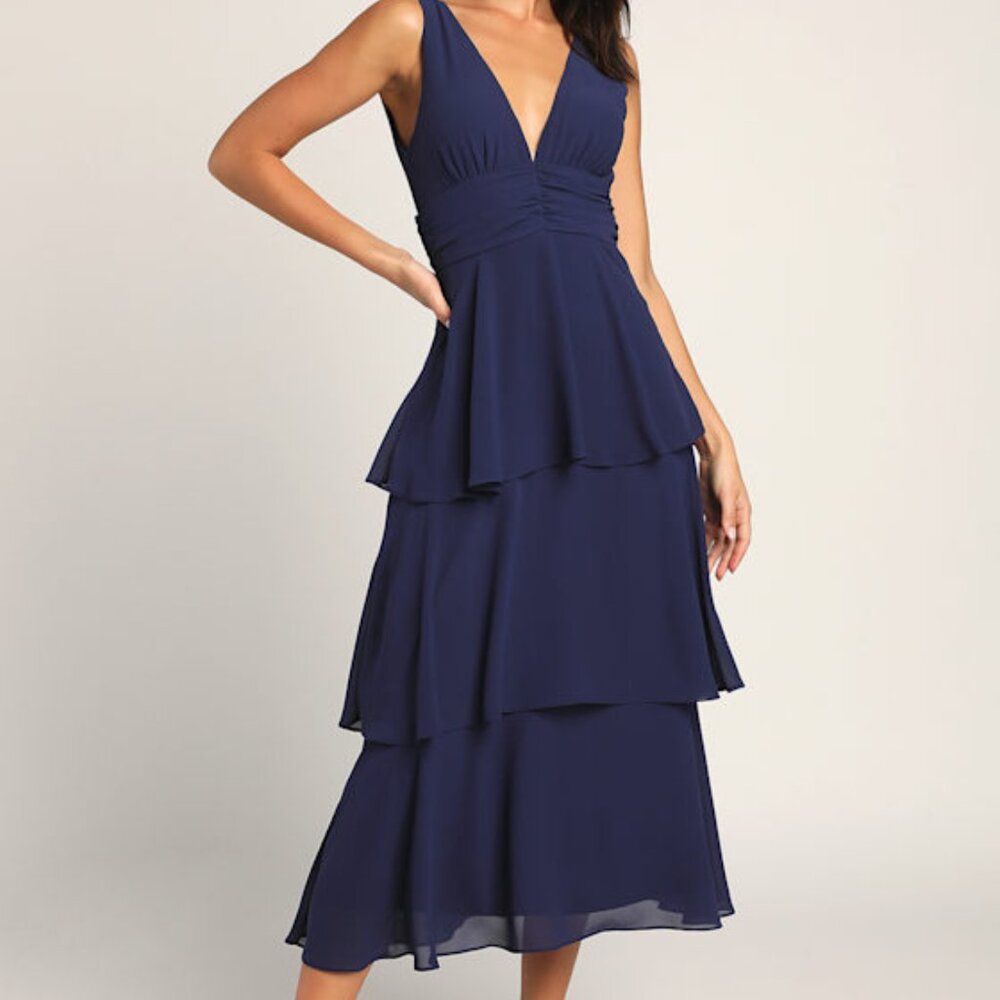 Lulus Celebration Time Navy Blue Sleeveless Tiered Midi Dress - Size L